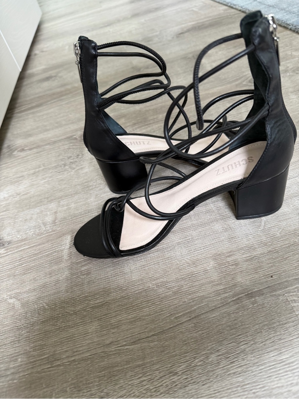 SCHUTZ Black Strappy Block Heel Sandals